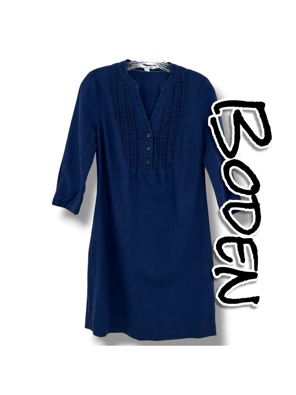 Boden Laura Linen Denim Mini Dress Women 4 Navy Blue Pintuck Shift 3/4 Sleeve